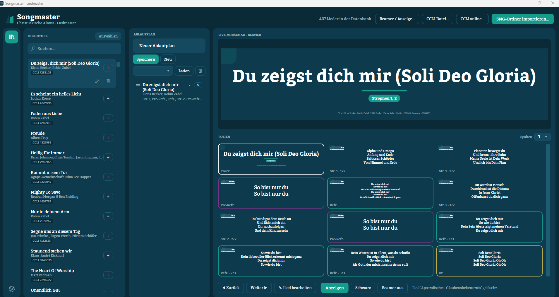 Songmaster mit Liedbibliothek, Ablaufplan, Live-Vorschau und Folienübersicht
